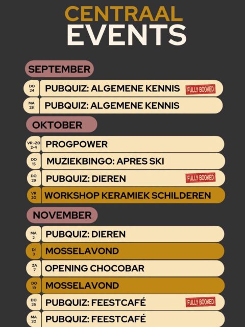 🎉 Er staat weer van alles op de planning bij Centraal! 🎉
De komende maanden hoef je je bij ons niet te vervelen! Van fanatiek quizzen tot meezingen tijdens de muziekbingo en van mosselavonden tot lekker creatief bezig zijn. 🙌
📚 Pubquizzen met verschillende thema’s
🎶 Muziekbingo Après-ski & Kerst
🎨 Workshop keramiek schilderen
🦪 Mosselavonden
🍫 Opening van onze Chocobar
Kortom: genoeg leuke avonden om alvast in je agenda te zetten! 📅
👉 Bekijk alle actuele informatie, data en mogelijkheden om te reserveren op onze website.
⏰ Wil je erbij zijn? Reserveer op tijd, want vol = vol!
Welke staat bij jou als eerste in de agenda? 👀👇