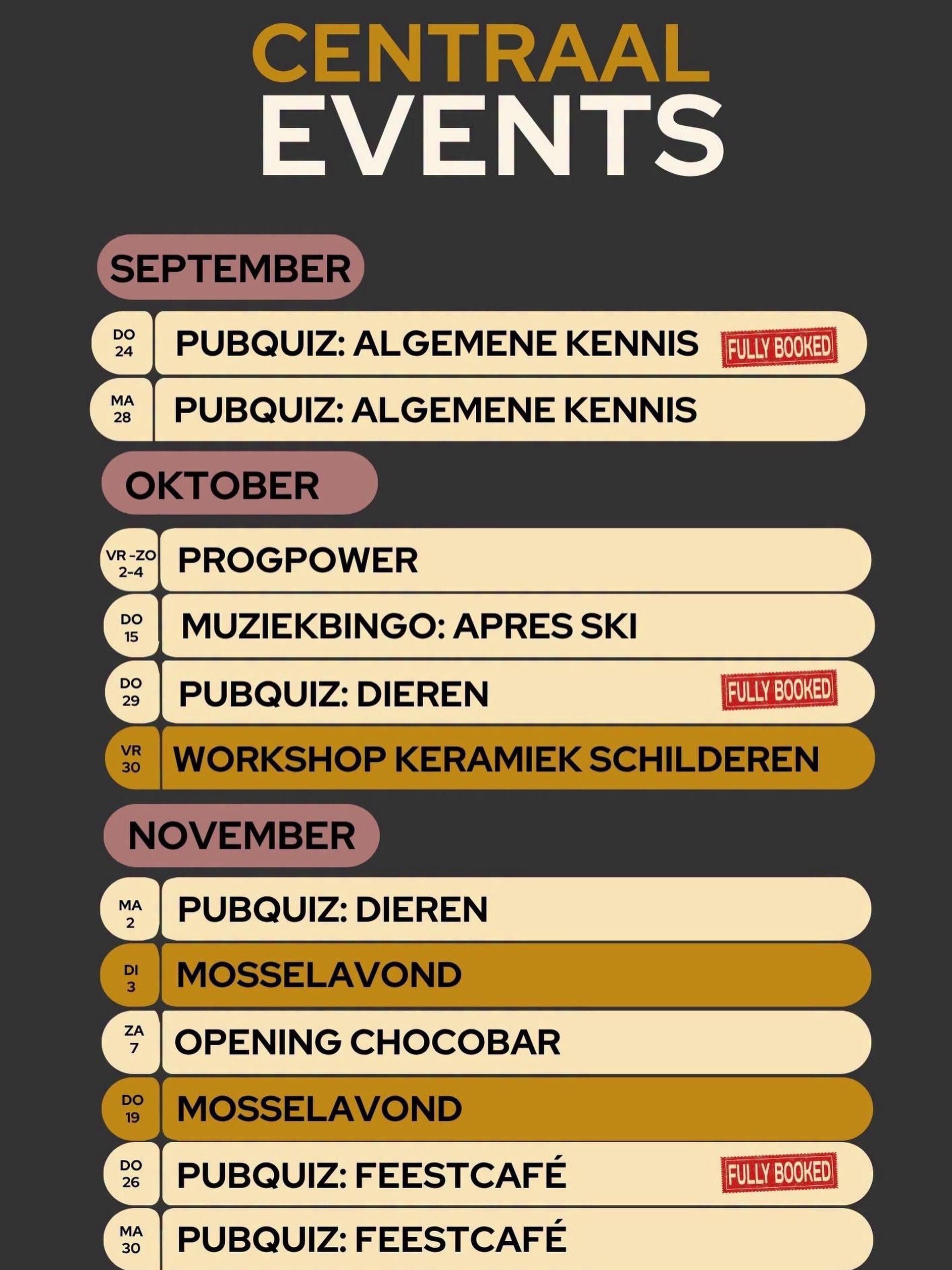 🎉 Er staat weer van alles op de planning bij Centraal! 🎉
De komende maanden hoef je je bij ons niet te vervelen! Van fanatiek quizzen tot meezingen tijdens de muziekbingo en van mosselavonden tot lekker creatief bezig zijn. 🙌
📚 Pubquizzen met verschillende thema’s
🎶 Muziekbingo Après-ski & Kerst
🎨 Workshop keramiek schilderen
🦪 Mosselavonden
🍫 Opening van onze Chocobar
Kortom: genoeg leuke avonden om alvast in je agenda te zetten! 📅
👉 Bekijk alle actuele informatie, data en mogelijkheden om te reserveren op onze website.
⏰ Wil je erbij zijn? Reserveer op tijd, want vol = vol!
Welke staat bij jou als eerste in de agenda? 👀👇