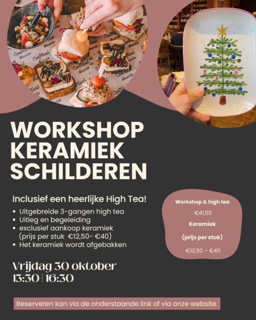 🎨 Keramiek schilderen & High Tea bij Centraal

We hebben nog een aantal plekjes beschikbaar voor onze Keramiek Schilder Workshop bij Centraal Baarlo! ✨

Zin in een creatieve én gezellige middag? Op vrijdag 30 oktober kun je weer heerlijk komen keramiek schilderen, gecombineerd met een uitgebreide high tea. ☕🥪🍪

Tijdens de workshop beschilder je jouw eigen keramiekstuk helemaal naar jouw smaak. Ondertussen geniet je van een heerlijke high tea met soep, hartige hapjes en zoete lekkernijen. Een perfecte middag om gezellig samen te zijn én iets moois te maken! 🎨💕

Na afloop worden alle keramiekstukken professioneel afgebakken. Zodra jouw creatie klaar is, kun je deze later ophalen bij Centraal.

🎁 Het perfecte cadeau om te geven óf om te mogen ontvangen met Kerst!
Geef iemand een gezellige middag cadeau, of verwen jezelf alvast met een creatieve ervaring. ❤️

📅 Vrijdag 30 oktober
🕒 13:30 – 16:30 uur
💶 €41,50 per persoon (incl. high tea)
🎨 Keramiekstuk los te kiezen: €12,50 – €40

Reserveer jouw plekje via onze website en kom gezellig creatief genieten! ✨